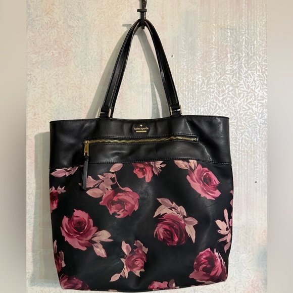 kate spade Handbags - Kate Spade Black and Pink Rose Nylon And Leather Floral Tote. Previously Loved